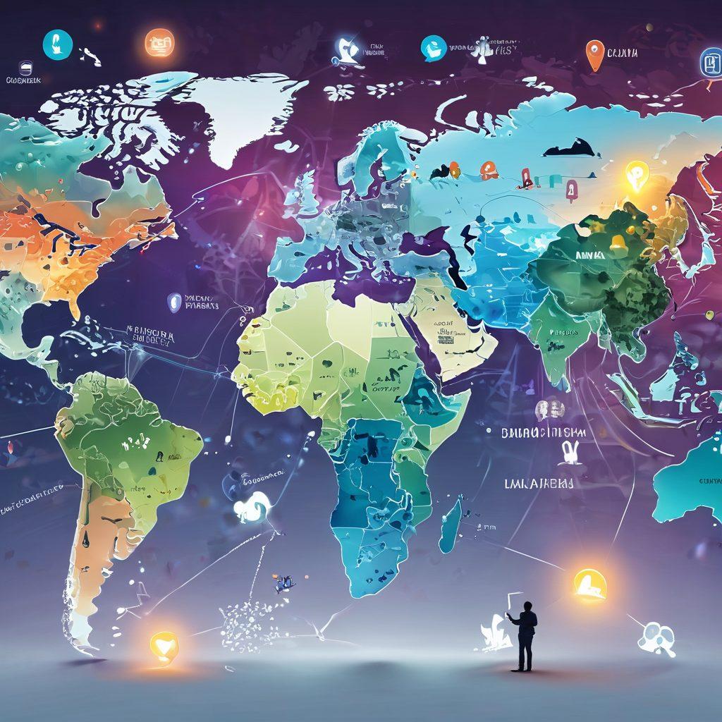 A vibrant global map with iconic landmarks highlighting different countries, combined with dynamic social media icons showcasing worldwide events. In the foreground, diverse people engaging in discussions with speech bubbles displaying varied perspectives. Soft, glowing lights around the world to signify connectivity and communication. super-realistic. vibrant colors. white background.
