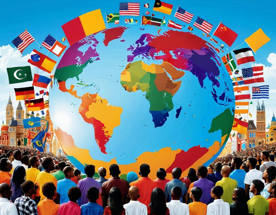 A vibrant globe surrounded by diverse people from various cultures sharing news and ideas, highlighted with speech bubbles containing global icons like flags, books, and communication symbols. A backdrop of landmarks from around the world symbolizes community perspectives. The colors should be bright and engaging to reflect international diversity. super-realistic. vibrant colors. 3D.